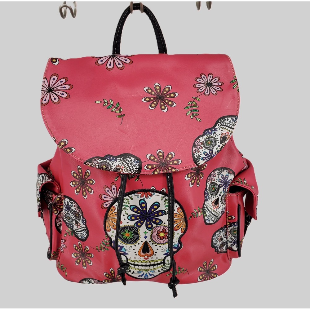 Sugar Skull Backpack Purse Pink Floral Day of the Dead Conceal Carry Drawstring